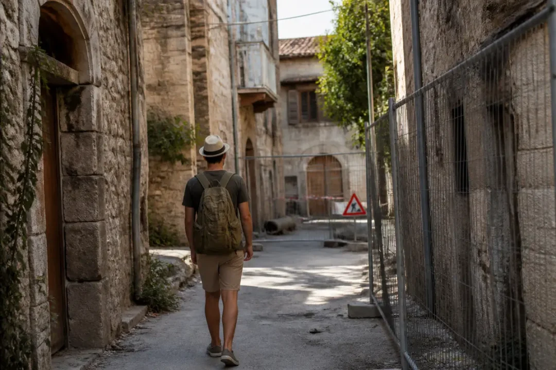 Un homme avec un sac à dos marche dans une rue pavée et ensoleillée, entourée de bâtiments anciens.
