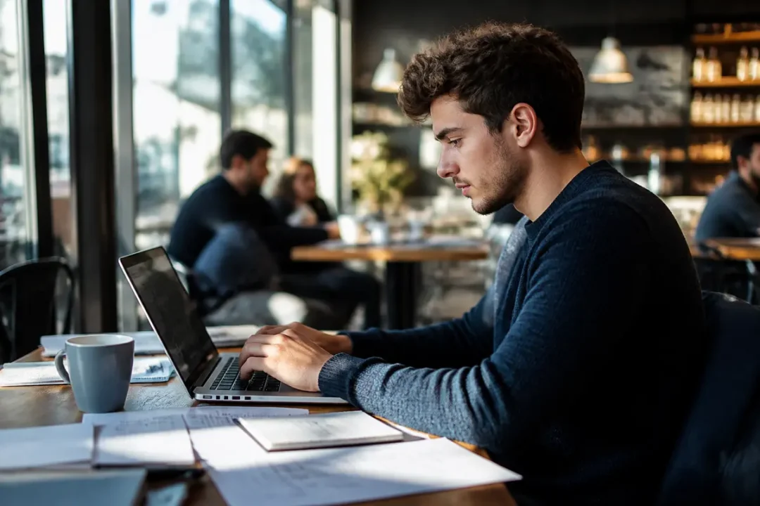 Un homme utilisant un ordinateur portable dans un café, entouré de documents et d'autres personnes.
