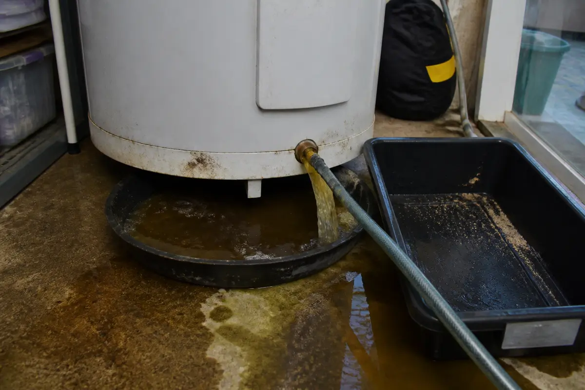 Chaudière purgeant de l'eau brune par un tuyau dans un seau, sol cimenté humide.
