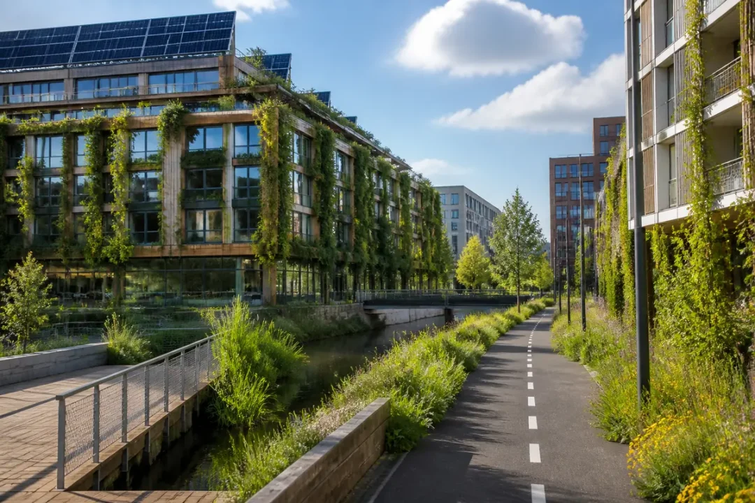 Bâtiment écologique avec panneaux solaires, façade végétale, pistes cyclables et ciel ensoleillé. Architecture durable innovante.
