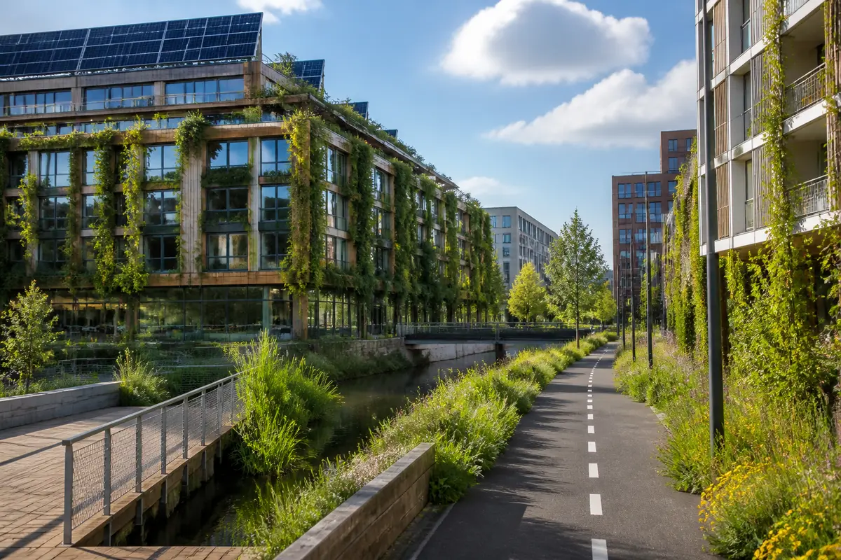Bâtiment écologique avec panneaux solaires, façade végétale, pistes cyclables et ciel ensoleillé. Architecture durable innovante.